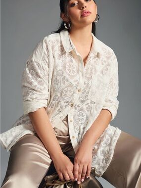 Pilcro Cream Lace Button-Down Shirt